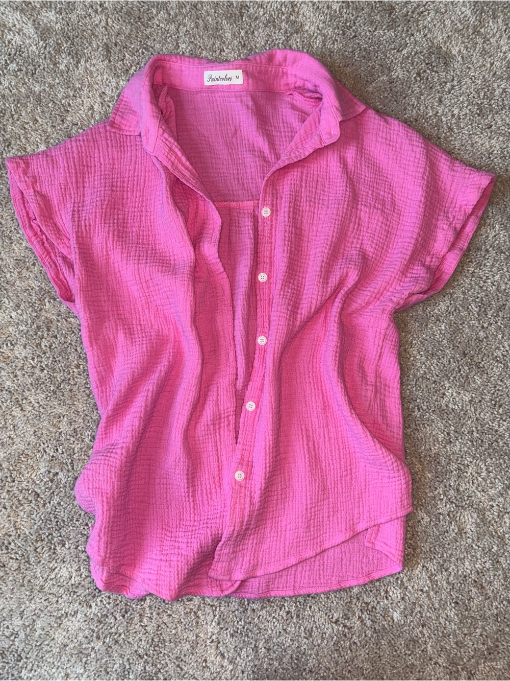 Paintcolors Hot Pink Cotton Crinkle Gauze Short Sleeve Button Down Shirt M